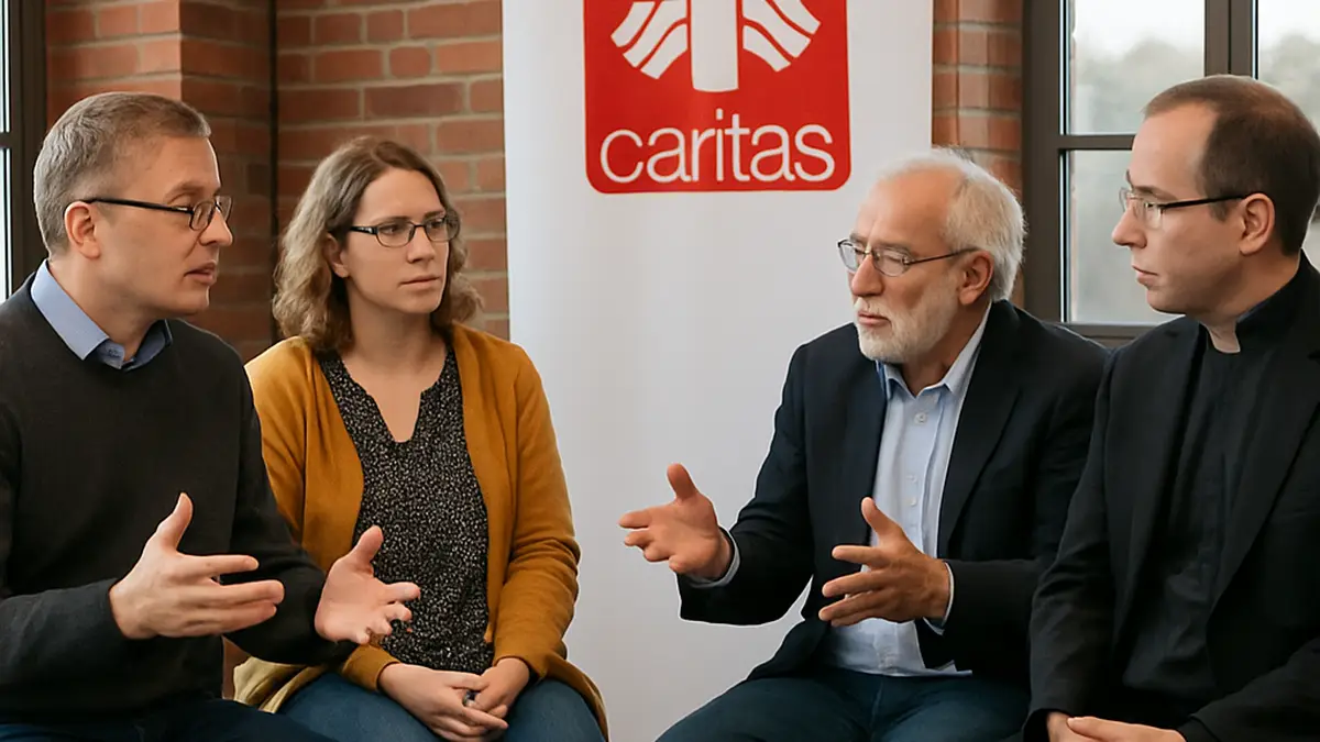 Ein Bild zeigt eine Diskussion bei der Caritas über Engagement, Politik und die Rolle der Laien in Osthessen.