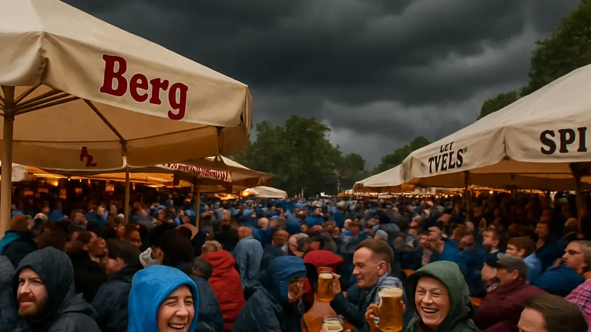 Berg-Fans bei der Bergkirchweih 2025 unter dunklen Regenwolken, zeigen Freude trotz Regen.