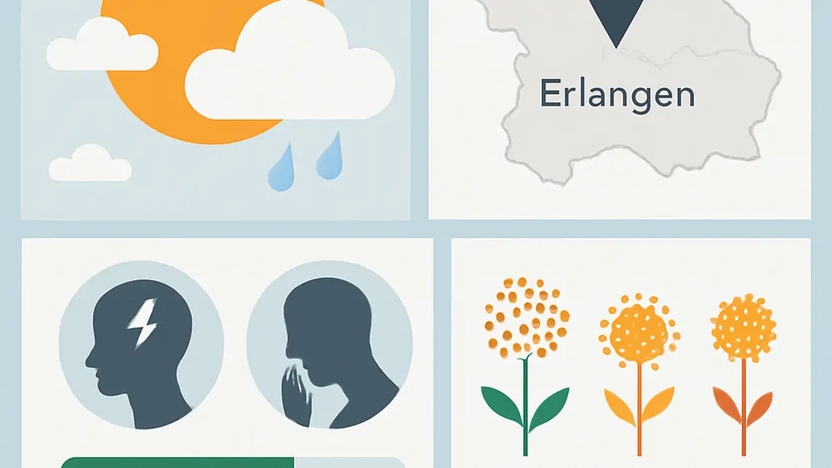 Übersicht der Wetter- und Pollenflugvorhersage für Erlangen mit Informationen zu aktuellen Wetterbedingungen und deren Auswirkungen auf Allergien heute und morgen.