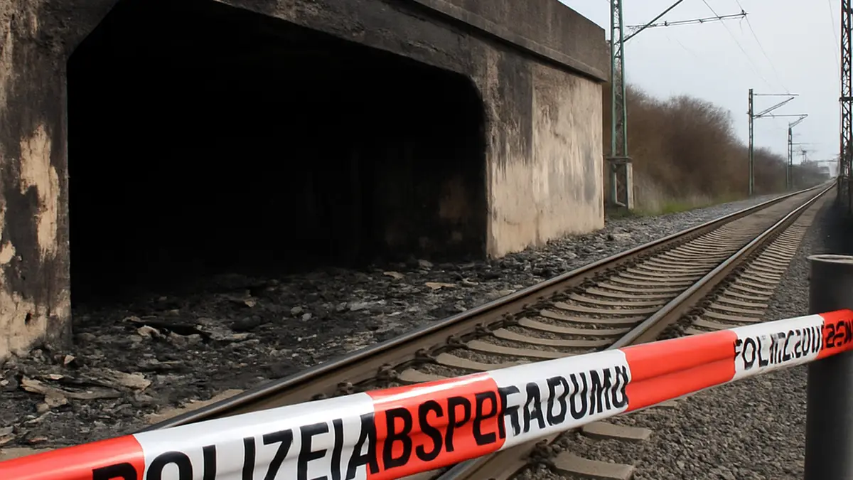 Teilweise zerstörte Bahnstrecke Nürnberg-Bamberg nach Brand in der Unterführung; Polizei ermittelt wegen Brandstiftung ohne Hinweise auf Sabotage.
