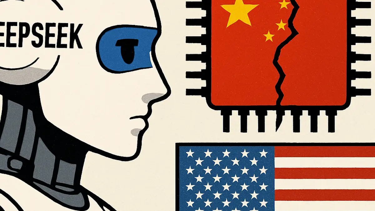 Ein Bild, das die Herausforderungen und Chancen in der KI- und Chiptechnikbranche zeigt, mit Bezug auf DeepSeek aus China und ein US-Unternehmen.