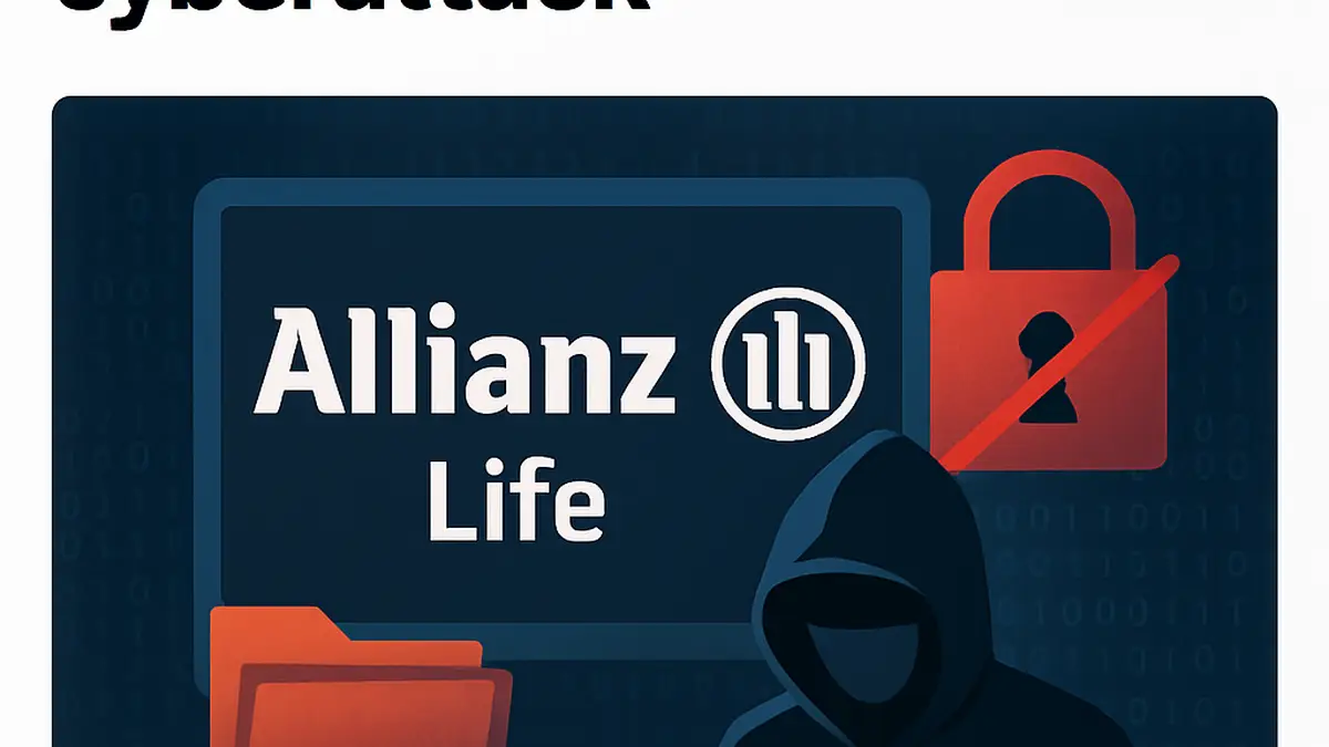 Symbolisches Bild eines Cyberangriffs mit digitalen Daten, die gestohlen werden, vor einem Hintergrund mit dem Logo der Allianz Life.