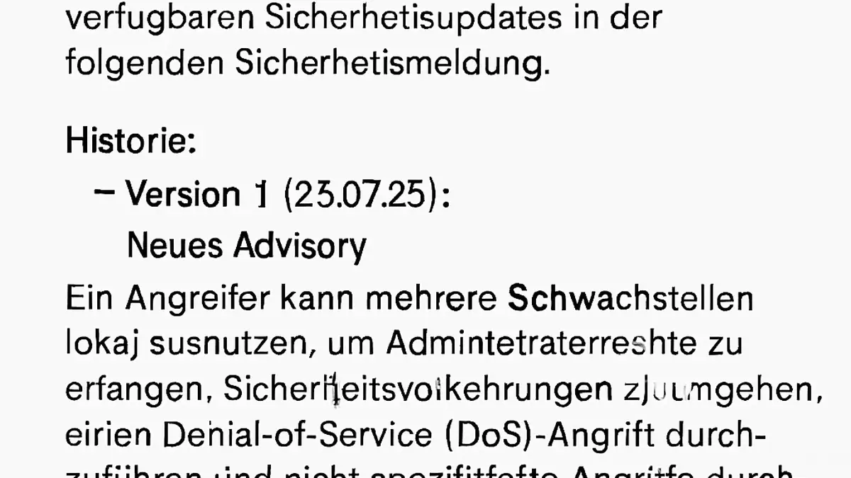 Screenshot eines Dokumentes oder E-Mails mit einer Sicherheitsmeldung für SUSE Linux Micro 6.1, die auf potenzielle Schwachstellen und verfügbare Sicherheitsupdates hinweist.