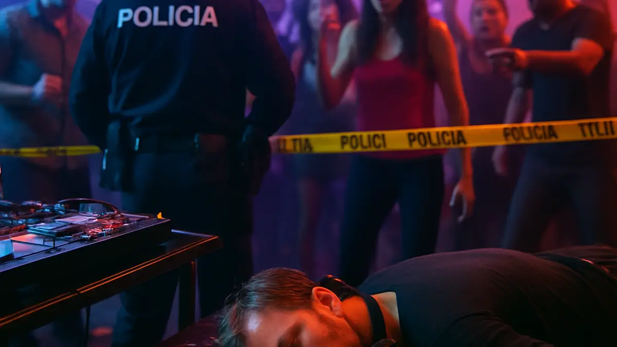 Ein Bild von einer Party auf Ibiza, bei der Polizei vor Ort ist, während ein bekannter DJ ums Leben gekommen ist und es Berichte über Schläge gibt.