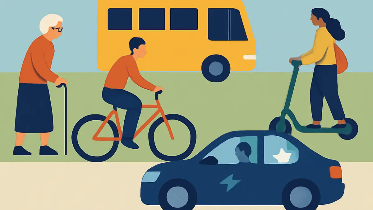 Menschen bei einer Führung zur Mobilität in Erlangen am 20. Juli 2025, die von einem Ort zum anderen unterwegs sind.