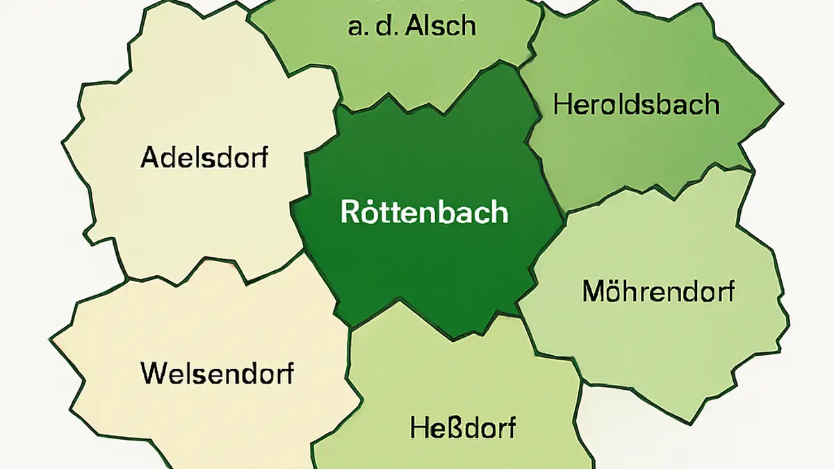 Diagramm zeigt das durchschnittliche Einkommen in Röttenbach und benachbarten Gemeinden im Erlangen-Höchstadt-Kreis, mit Unterschiede zwischen den Ortsteilen.