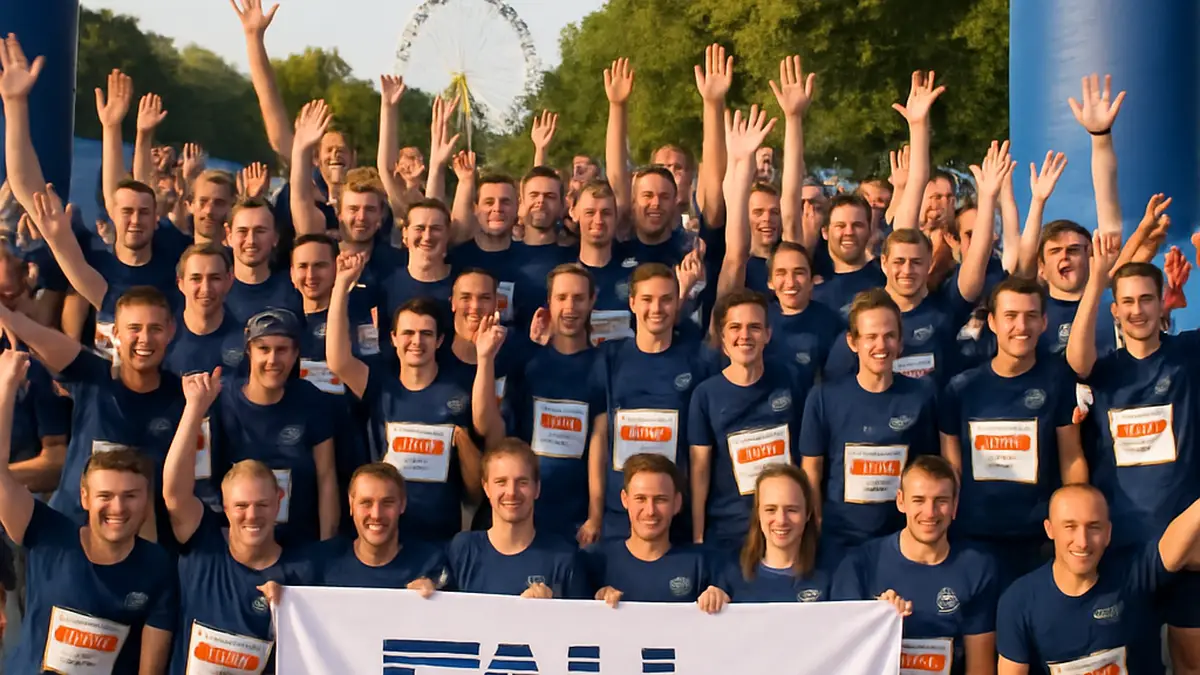 Das Bild zeigt ein Team von über 100 Laufbegeisterten der Friedrich-Alexander-Universität Erlangen-Nürnberg (FAU), die am B2Run in Nürnberg teilnehmen.