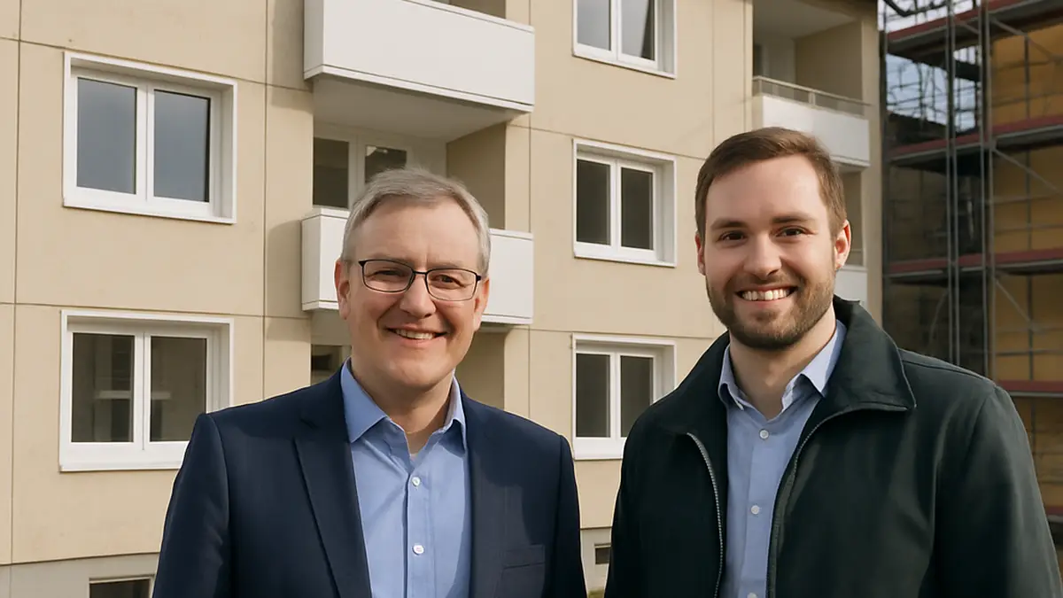 Alt-Text: Logo der GEWOBAU Erlangen neben dem Logo des Unternehmens ecoworks, das auf serielle Sanierung von Mehrfamilienhäusern spezialisiert ist.