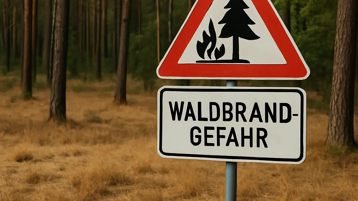 Ein Waldgebiet mit trockenen, braunen und grünen Bäumen, während die Regierung Mittelfrankens aufgrund hoher Waldbrandgefahr Maßnahmen ankündigt.
