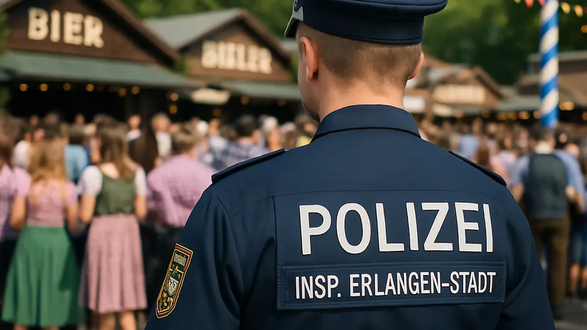 Polizeiinspektion Erlangen-Stadt beim Berggeschehen am Pfingstmontag, erster regenfreier Tag, mit Einsatzkräften auf dem Festgelände gegen 13:00 Uhr.