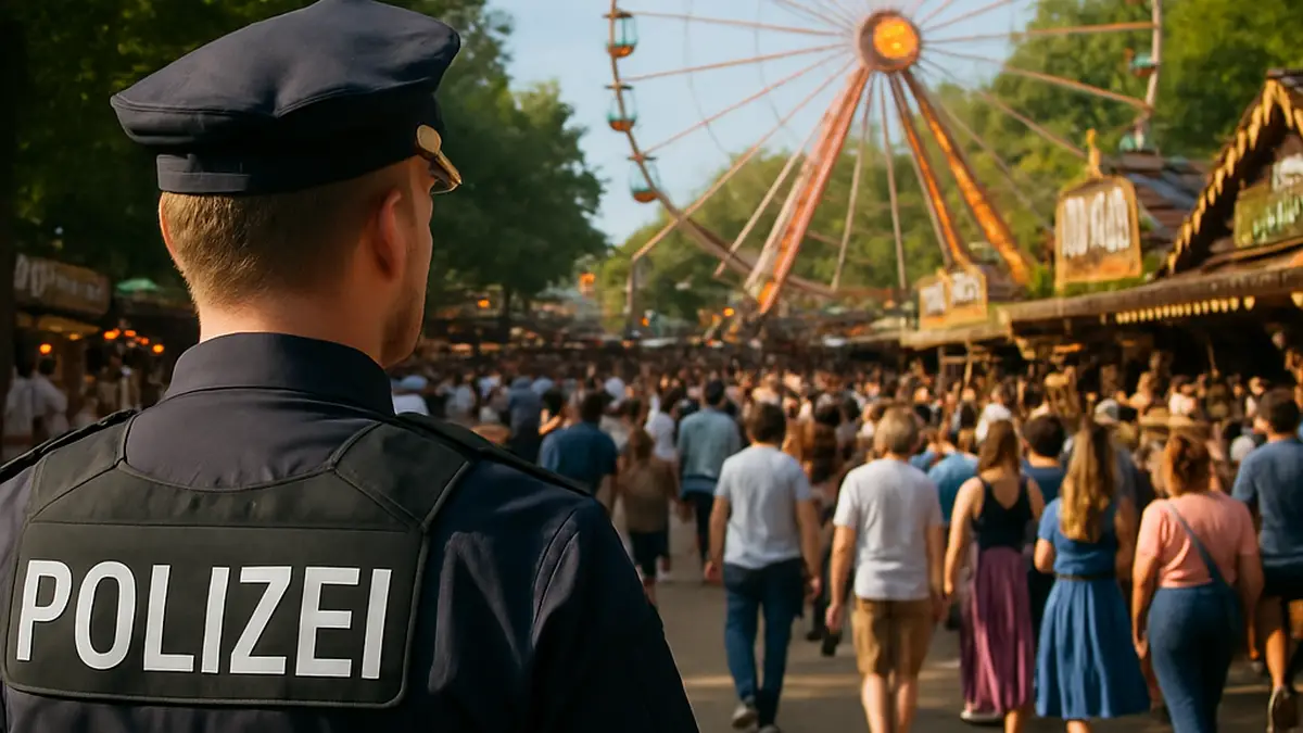 Polizeiinspektion Erlangen-Stadt während der Bergkirchweih an einem sonnigen, regenfreien Mittwoch, Tag 7, mit Einsatzkräften im Einsatz.