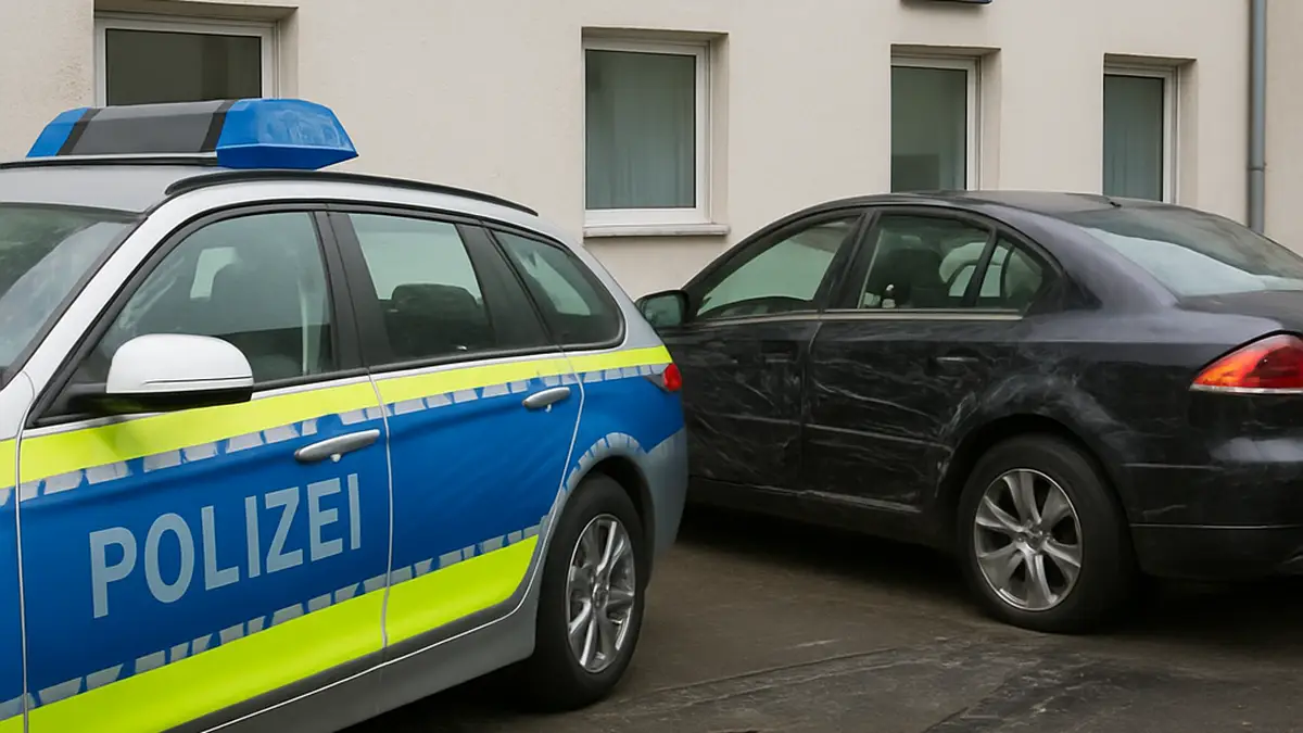 Polizeiwagen vor beschädigten, zerkratzten geparkten Autos in Erlangen-Stadt.
