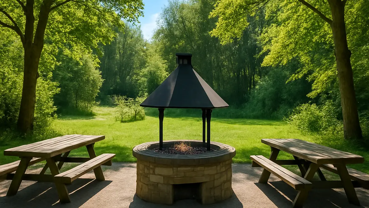 Bild zeigt einen Grillplatz im Freien, beliebt bei Nutzern, die ihn über die Homepage der Gemeinde buchen können; diese sind auch für die Reinigung verantwortlich.