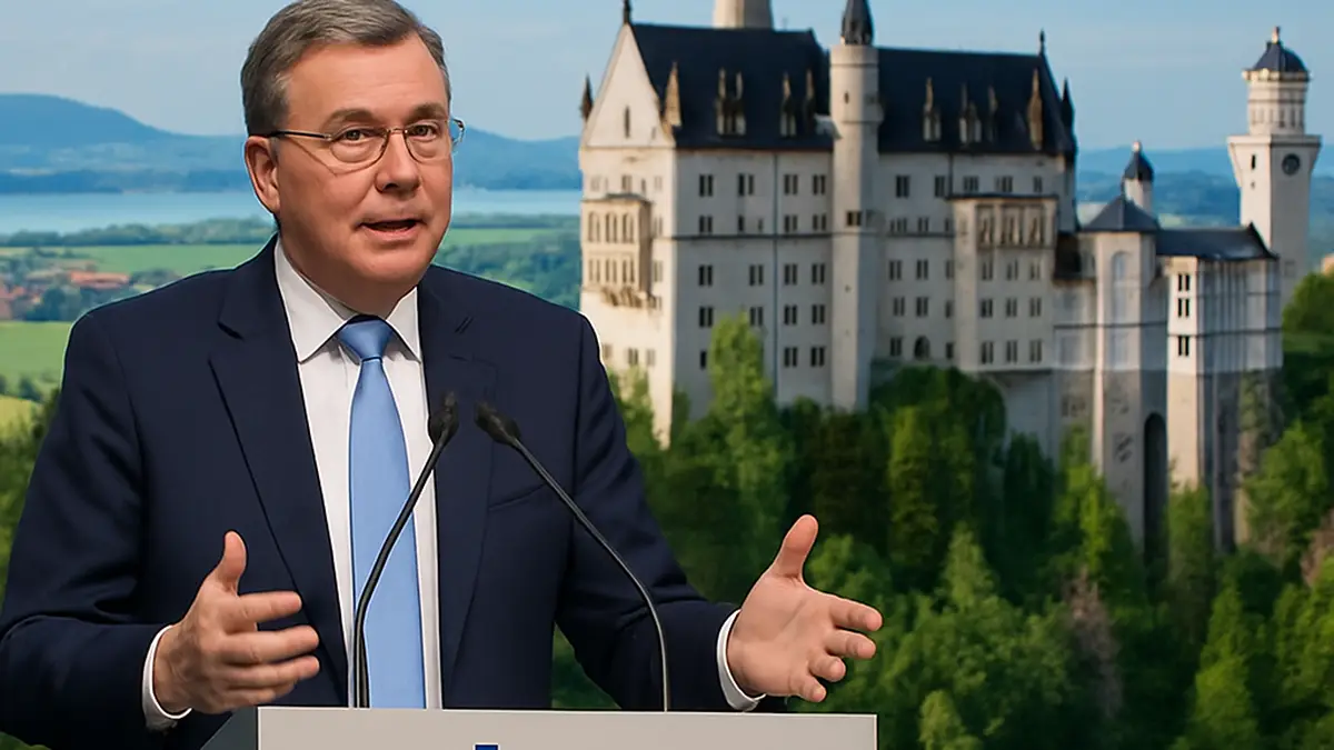 Alt-Text: Bühnenansicht bei einem Kongress der vbw – Vereinigung der Bayerischen Wirtschaft e. V., mit einem Redner und einem Banner, der die Bedeutung Bayerns als wichtigste deutsche Tourismusregion hervorhebt.
