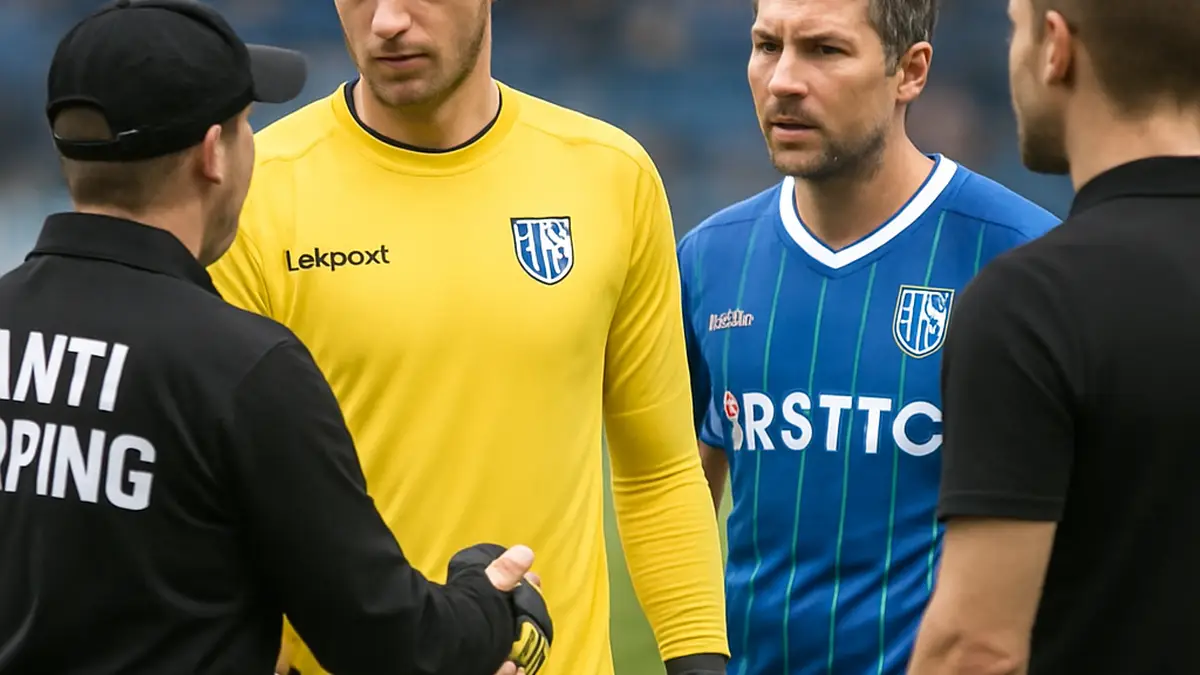 Fußballtorwart bei einer Verhandlung, im Hintergrund ein Team im schwarzen Trikot, symbolisch für Einigung und personelle Veränderungen.