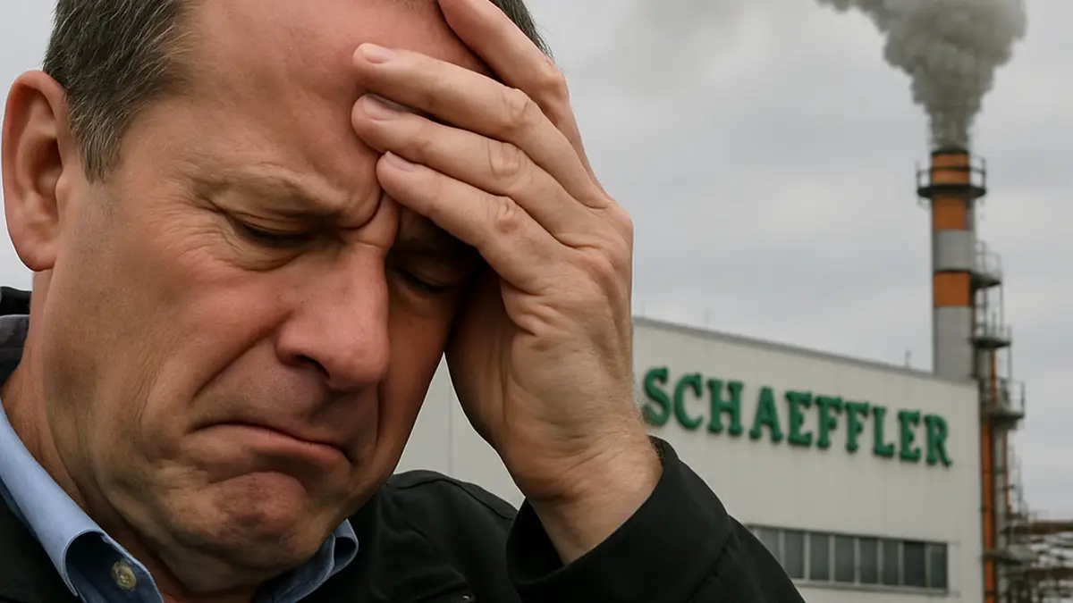 Mitarbeiter protestieren vor einem Schaeffler-Produktionsstandort, während ein Vertreter des Betriebsrats seine Ablehnung gegenüber der Schließung äußert.