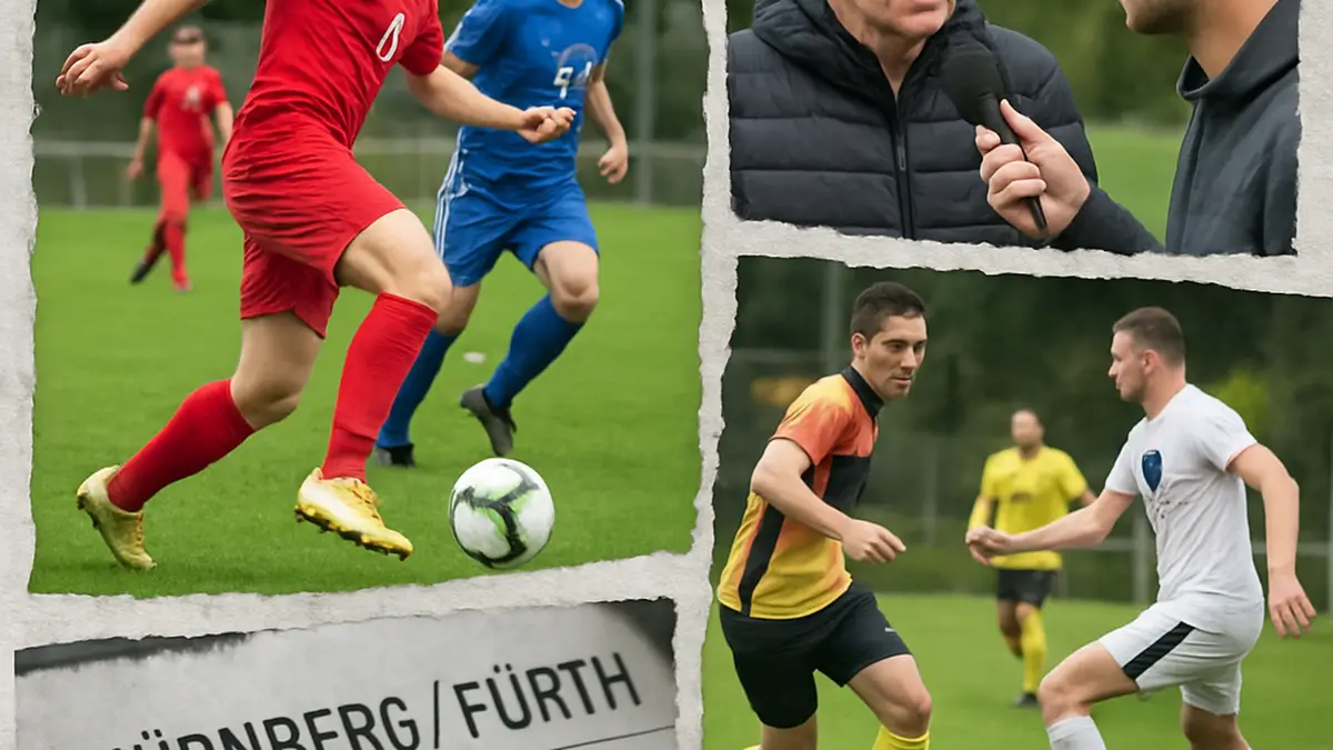Bild zeigt eine sportliche Szene im Amateurfußball, mit Spielern in Aktion auf dem Spielfeld.