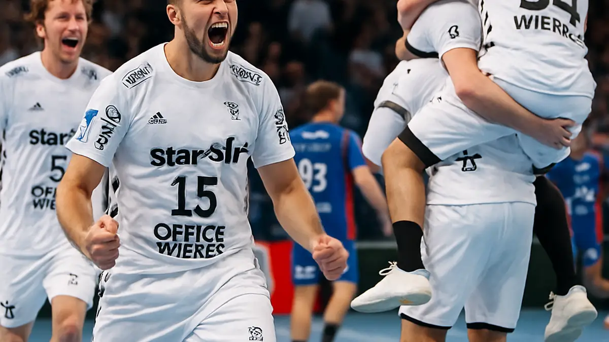 Alt-Text: Handballspieler des THW Kiel feiern ihren 31:29 Sieg gegen HC Erlangen in der Bundesliga.