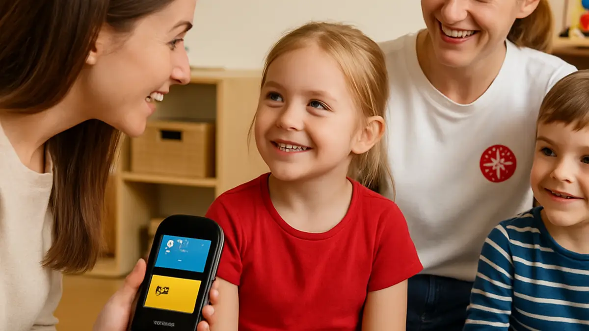 Ein Kind im Johanniter-Kindergarten nutzt den Vasco V4 Translator, um den Alltag zu erleichtern.