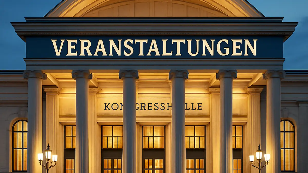 Außenansicht der Kongresshalle bei einer Veranstaltung, mit Menschen im Eingangsbereich.