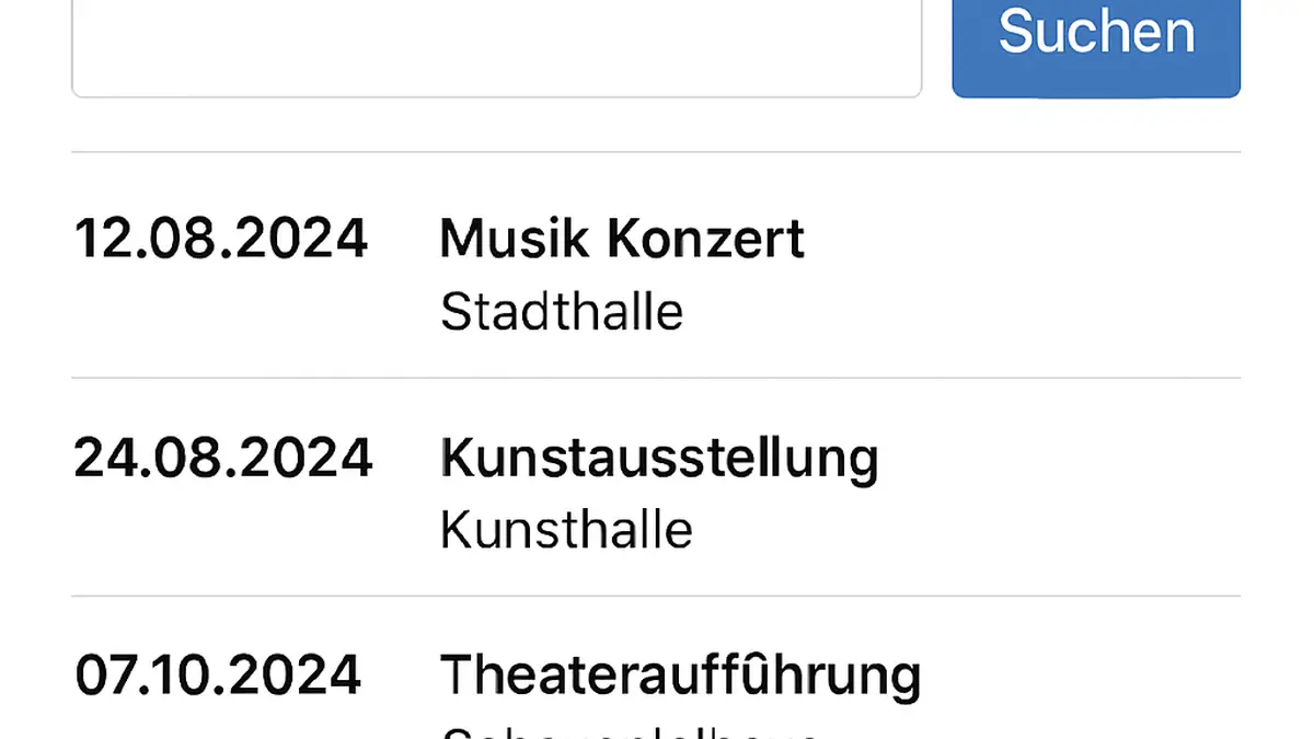 Ein Screenshot eines Veranstaltungskalenders mit Suchergebnis, zeigt Termine und Ereignisse in einer Übersicht.