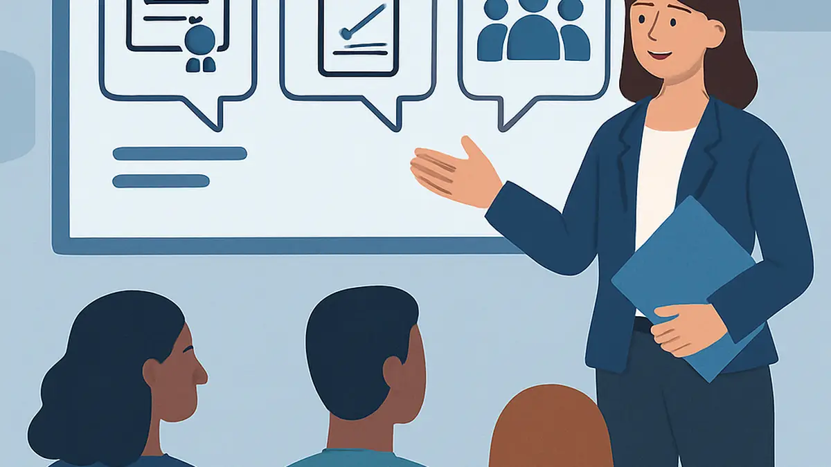 Illustration einer Informationsveranstaltung der IHK Bodensee-Oberschwaben über die Anerkennung beruflicher Kompetenzen und Abschlüsse ohne klassische Ausbildung.